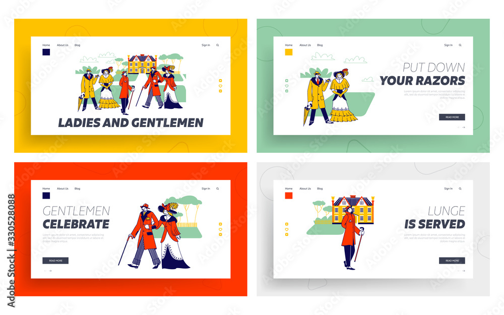 Old Fashioned Male and Female Characters in Vintage Clothes Landing Page Template Set. Antique Men and Women Ladies and Gentlemen Walking, Acress and Actor Vintage Movie. Linear Vector Illustration