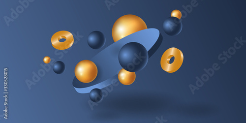 Dark blue abstract background 3D. Golden and blue weightless spheres. Wallpaper with geometric figures. Modern vector illustration. Design for card, brochure, cover, banner, booklet, web site. Stock.