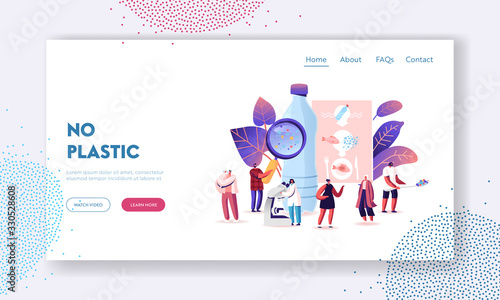 Microplastic in Water and Food Landing Page Template. Global Ocean Pollution. Ecological Problem. Male Female Tiny Characters with Microscope and Magnifying Glass. Cartoon People Vector Illustration