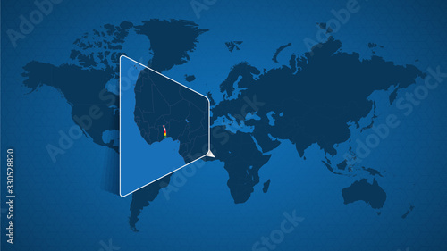 Detailed world map with pinned enlarged map of Togo and neighboring countries.