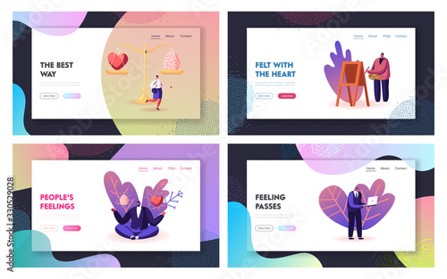People Make Choice between Mind and Feelings Landing Page Template Set. Characters Search Balance in Love, Intelligence and Logic. Heart and Brain Lying on Huge Scales. Cartoon Vector Illustration