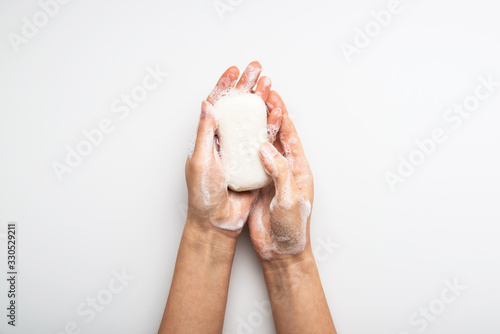 Fotografía Health care hygiene protection against virus, bacteria, flu and coronavirus by washing hands with soap