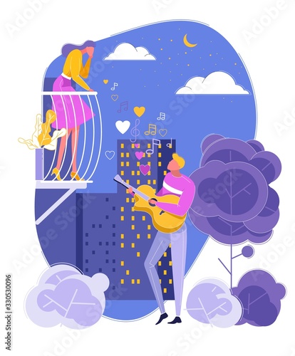 Surprised Woman Standing on Balcony and Listening Man who Playing Guitar and Singing Song or Serenade. Happy Romantic Couple in Love Silhouette. Night City with Park and Buildings on Background.