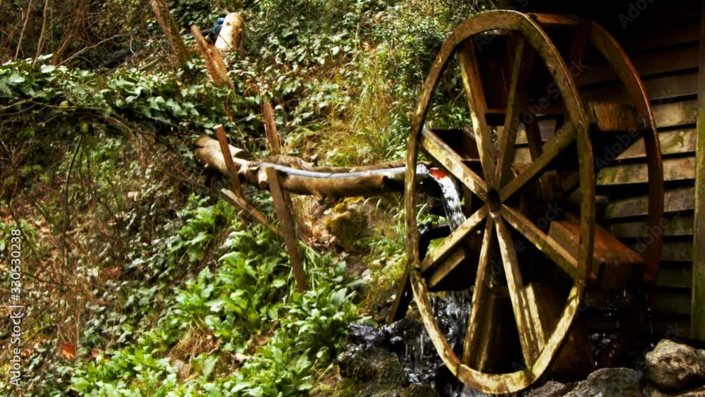 Water Mill Wooden Wheel in Green Nature Water Mill Wooden Wheel in Green Nature