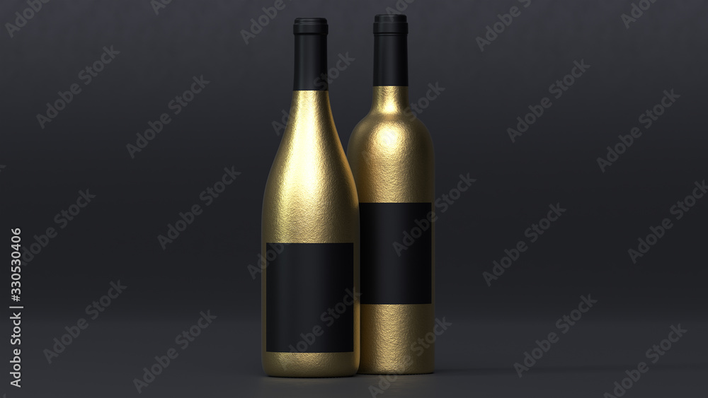 3d render of two gold wine bottles with a black label on a black background. 3d render of two gold wine bottles with a black label on a black background.