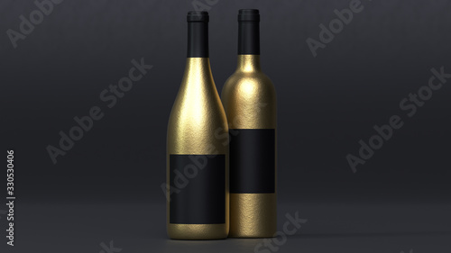 3d render of two gold wine bottles with a black label on a black background.