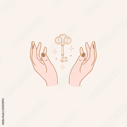 Elegant female hands and key. Abstract free hand drawn Vector illustration. Logo design template in trendy minimalistic style. Witchcraft, Boho, Fashion, esoteric, magic concept