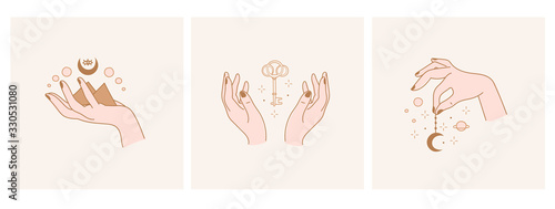 Elegant female hands. Moon, key, stars. Set of three Abstract free hand drawn Vector illustrations. Logo design templates in trendy minimalistic style. Witchcraft, Boho, Fashion, esoteric concept