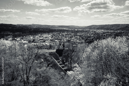 Marburg. Germany. The old districts of the city from the height of the surrounding hills. District Oberstadt. Black and white. Marburg is a university town in the German federal state of Hessen.
