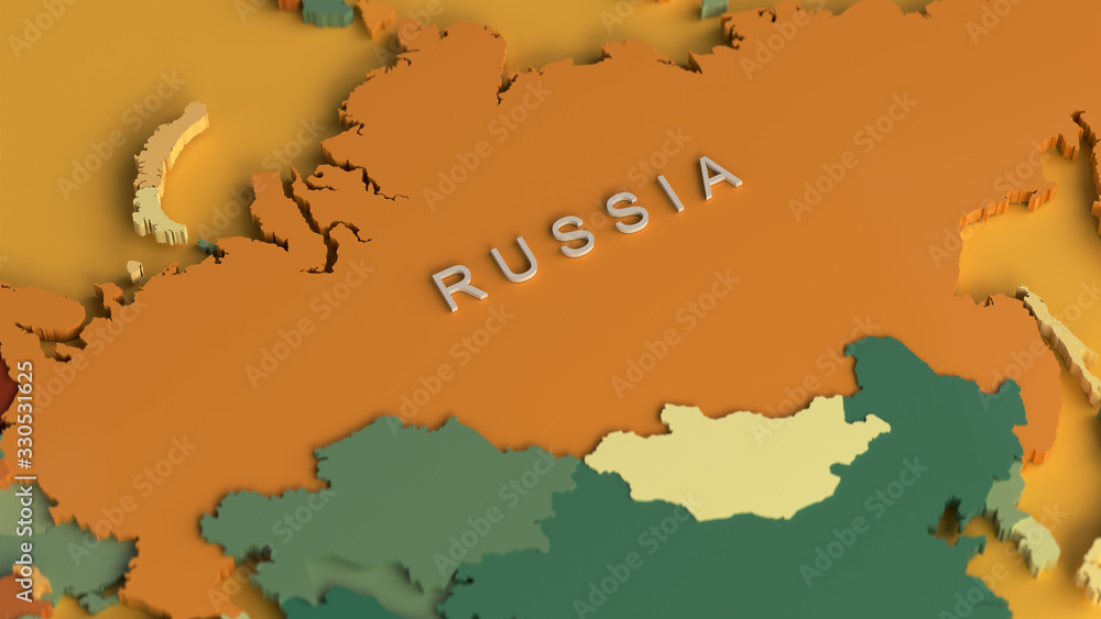 Obraz premium 3d render of a colorful world map with a white country name of Russia in the center on a yellow background.