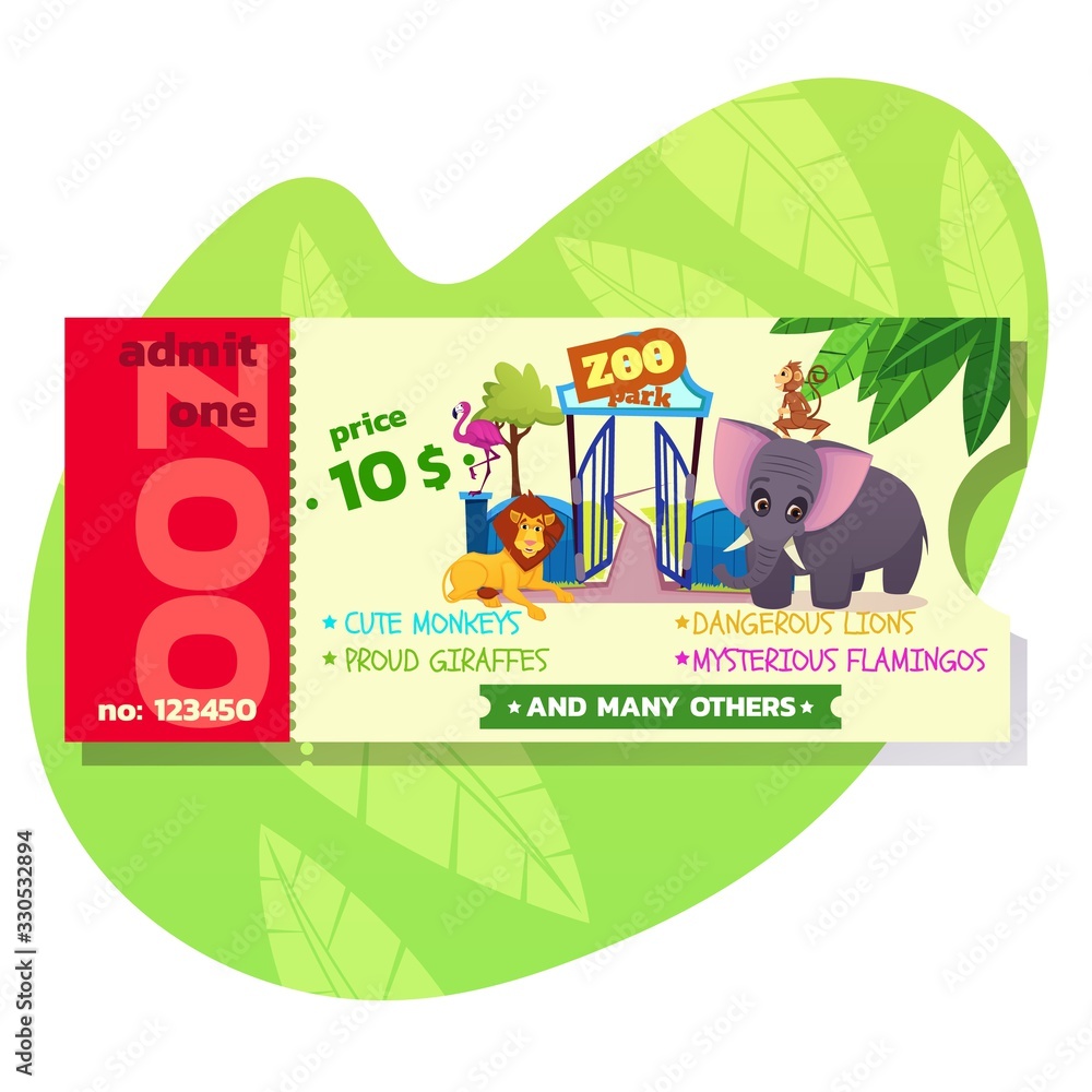 Zoo Ticket Template Design with African or Forest Animals. Admit One Card or Coupon with Dangerous Safari Lion, Pink Flamingo, Elephant, Funny Monkey at Entrance Gate. Cartoon Flat Vector Illustration