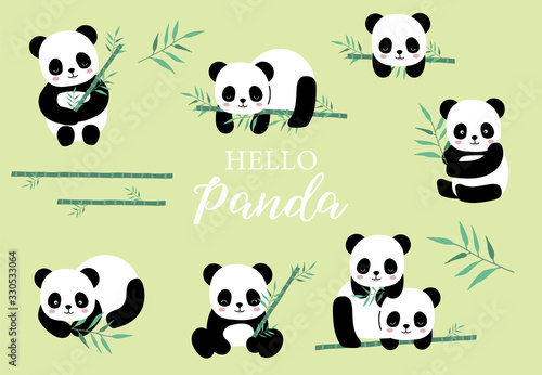 Fototapeta Naklejka Na Ścianę i Meble -  Pastel animal set with panda,bamboo illustration for sticker,postcard,birthday invitation.Editable element