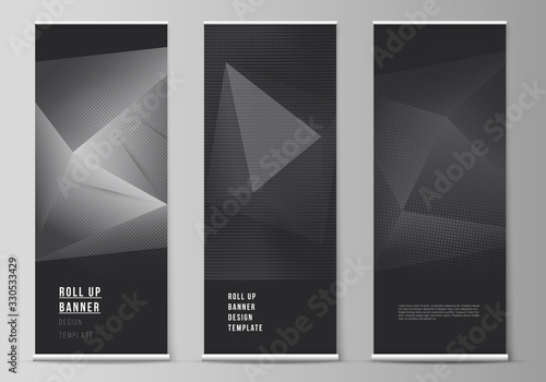 Vector layout of roll up mockup design templates for vertical flyers, flags design templates, banner stands, advertising design. Halftone effect decoration with dots. Dotted pop art pattern decoration