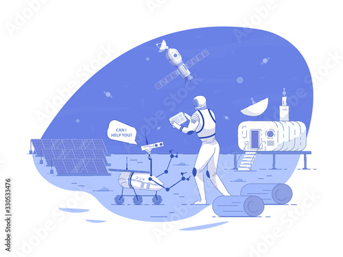 Informational Poster Message how Can I Help You. Types Interaction Between an Extraterrestrial Environment and Environment Human Settlement. Astronaut in Spacesuit Controls Equipment.