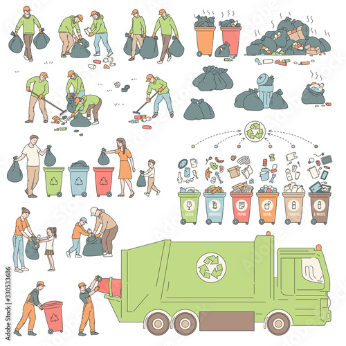 Set sorting and recycling waste. People volunteers clean environment from trash. Vector illustration of solving environmental problems.