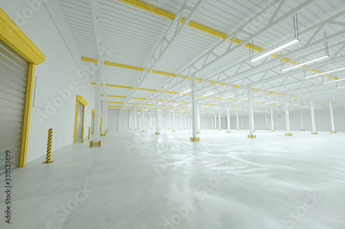 3D render Industrial racks, pallets, boxes, shelves with goods in huge storage rooms. Warehouse equipment, automotive warehouse, logistics, delivery of goods. Copy space.