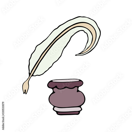 Goose feather pen and old-fashioned inkwell (inkpot). Cartoon vintage items. Hand drawn educational vector illustration isolated on white background.