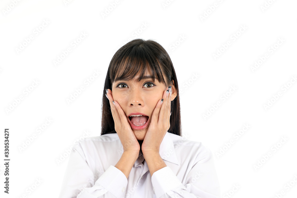 Facial Expression Young Asian woman office attire white background Facial Expression Young Asian woman office attire white background