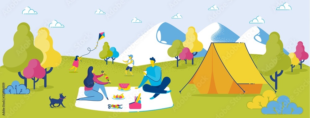 Family Picnic Vector Illustration. Father Mother Children Dog Camping ...