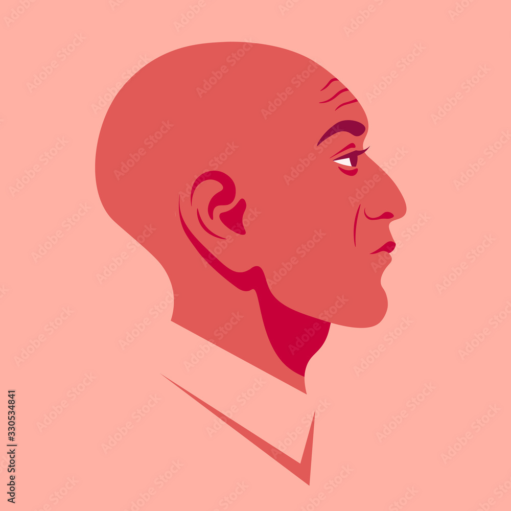The head of a bald man in profile. Oriental businessman face side view. Avatar for social networks. Vector flat illustration