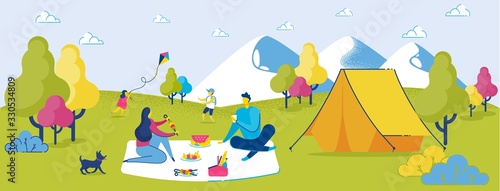 Family Picnic Vector Illustration. Father Mother Children Dog Camping in Mountain Valley. Boy and Girl Play Kite. Woman Man Eat Friuts Food near Tent. Summer Relax. Travel Tourism Trip