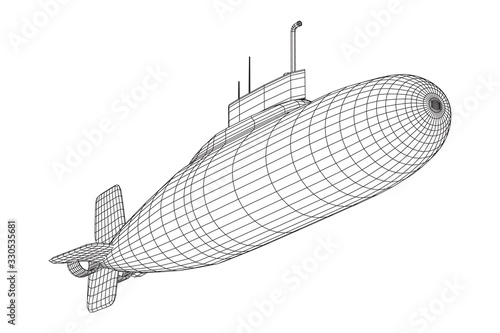 Military atomic submarine underwater boat. Wireframe low poly mesh vector illustration