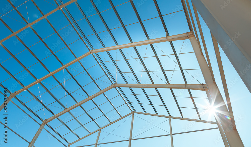 Modern steel construction. Construction of a production hall. Roof skeleton. Modern steel construction. Construction of a production hall. Roof skeleton.
