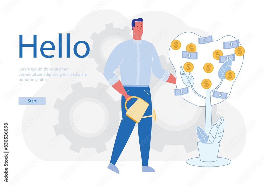 Businessman Cartoon Character on Greeting Clients Hello Inscription Backdrop. Man Grows Money Tree, FInancial Growth. Online Commerce and Profitable Business Investments. Flat Vector Illustration.