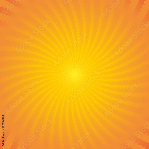 Abstract background with orange and yellow halftone shaped swirling sun rays. Vector illustration