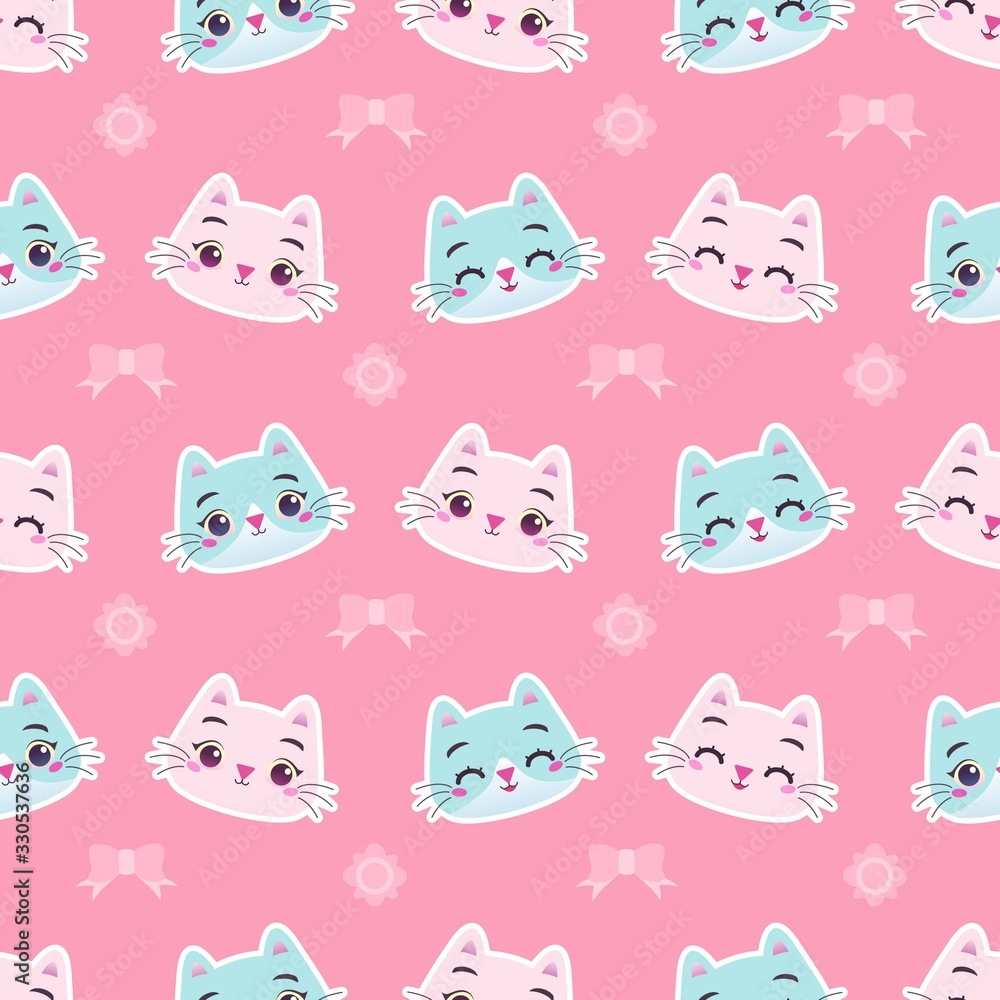 Cute colorful cat kitten with ribbon and flower seamless pattern illustration