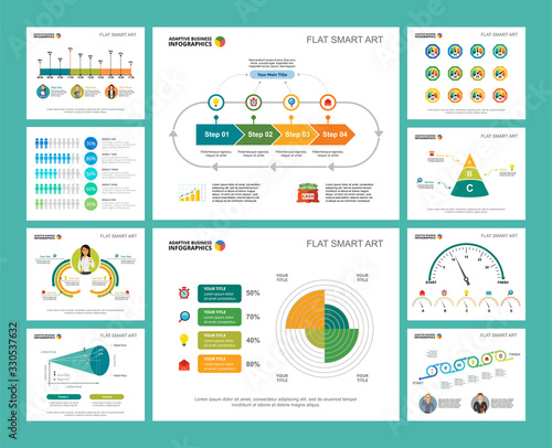 Colorful planning or strategy concept infographic charts set. Business design elements for presentation slide templates. Can be used for financial report, workflow layout and brochure design.