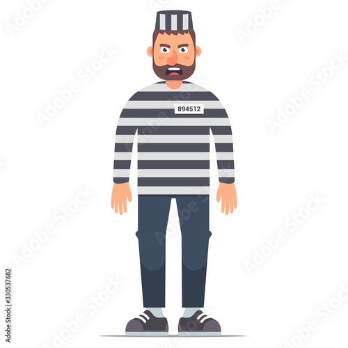 full-length isolated prisoner in striped clothing on a white background. Flat vector illustration of character in prison.