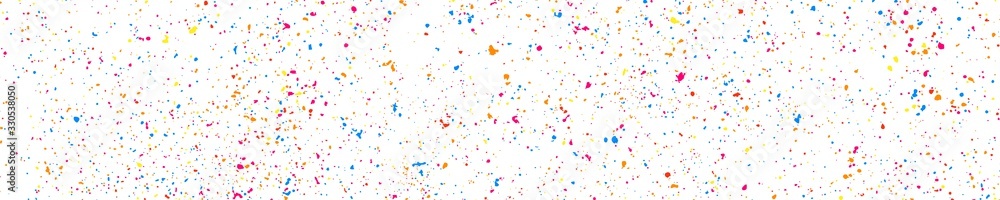 Abstract explosion of confetti. Colorful grainy texture isolated on white. Panoramic background. Colored stains and blots. Wide horizontal long banner for site. Illustration, EPS 10.   - obrazy, fototapety, plakaty 