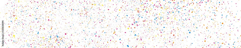Abstract explosion of confetti. Colorful grainy texture isolated on white. Panoramic background. Colored stains and blots. Wide horizontal long banner for site. Illustration, EPS 10.  