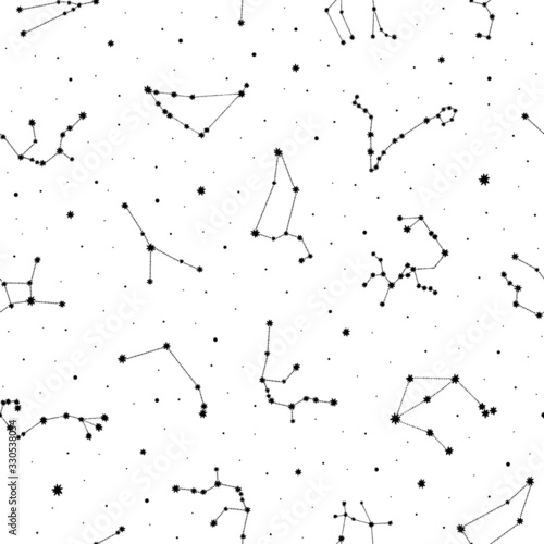 Seamless vector pattern with black zodiacal constellations on white background. Zodiac signs. Space background.