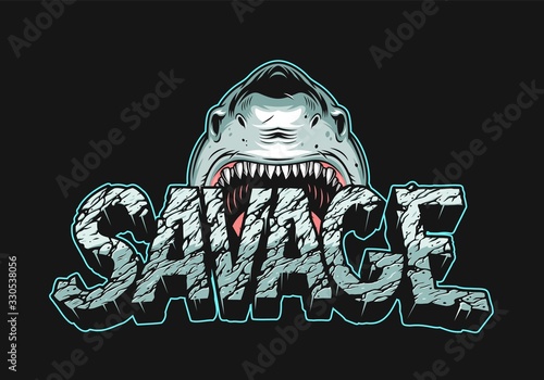 Colorful angry shark holding Savage lettering