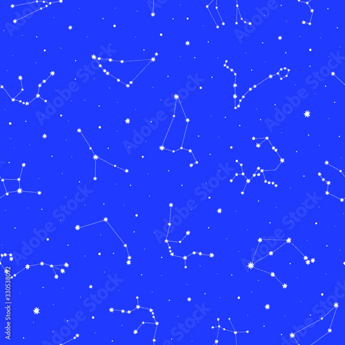 Seamless vector pattern with white zodiacal constellations on blue background. Zodiac signs. Space background.