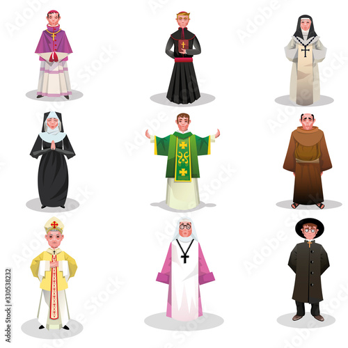 Leinwand Poster Set of catholic priests, monks and nuns vector illustration