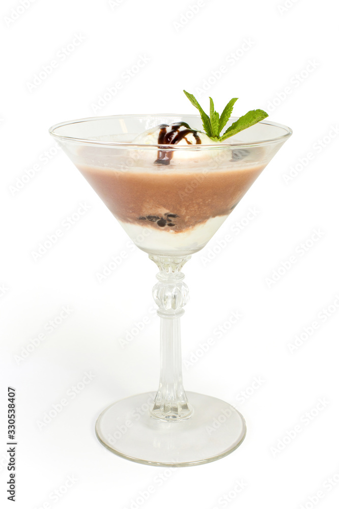 Cocktail in a glass with ice cream on a white background Cocktail in a glass with ice cream on a white background