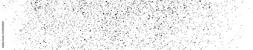 Black grainy texture isolated on white background. Dust overlay. Dark noise granules. Wide horizontal long banner for site. Vector design elements, illustration, EPS 10.