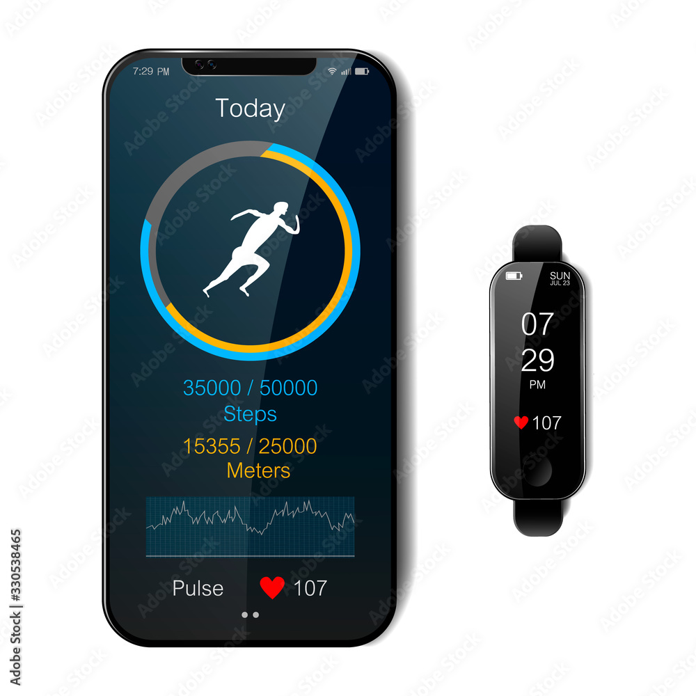 Black smart watch and smartphone on isolated background, mobile fitness app with running tracker and heart rate meter, healthy lifestyle concept, realistic vector illustration Black smart watch and smartphone on isolated background, mobile fitness app with running tracker and heart rate meter, healthy lifestyle concept, realistic vector illustration