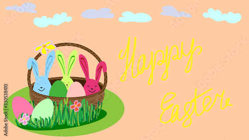 basket with easter multi-colored eggs. three eggs with rabbit ears, and two lie on the grass near the basket on a pink background with clouds with yellow handwritten Happy Easter lettering