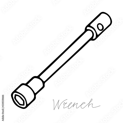 Hand-draw black vector illustration of metallic locksmith tool isolated on a white background with lettering wrench