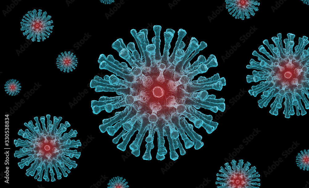 Fototapeta Widok mikroskopu wielu bardzo niebezpiecznych koronawirusa Covid-19 na czarnym tle. Zakażenie koronawirusem 2019-ncov. Renderowanie 3D.