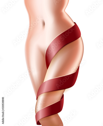Young Woman Perfect Slim Healthy Body with Red Lace on Leg and Hairless Skin Smooth as Silk Isolated on White Background. Hair Laser Removal Beauty Procedure 3D Vector Realistic Illustration, Clip Art