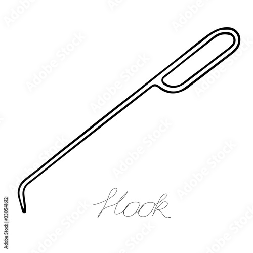 Hand-draw black vector illustration of metallic locksmith tool isolated on a white background with lettering hook