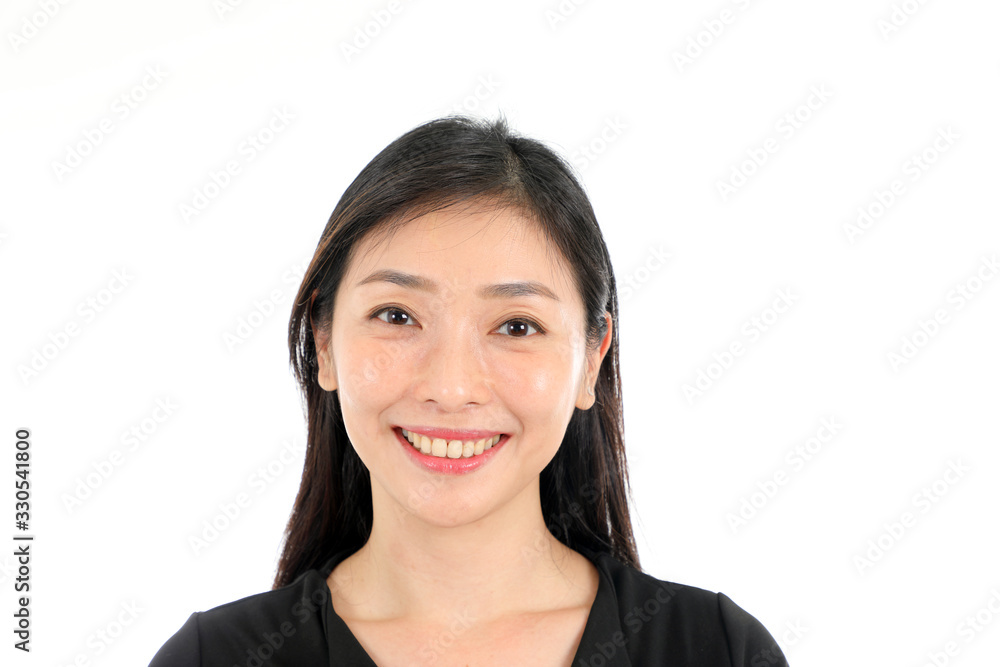Facial Expression mid aged asian woman office attire white background look forward smile Facial Expression mid aged asian woman office attire white background look forward smile