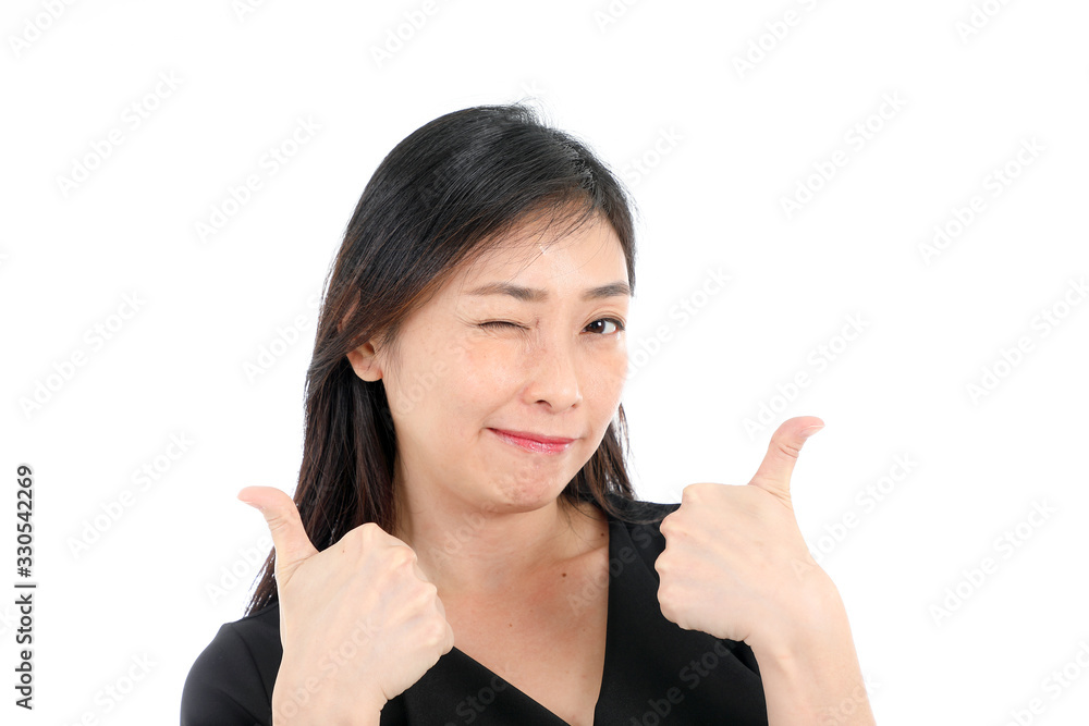 Facial Expression Young Asian woman office attire white background thumbs up wink