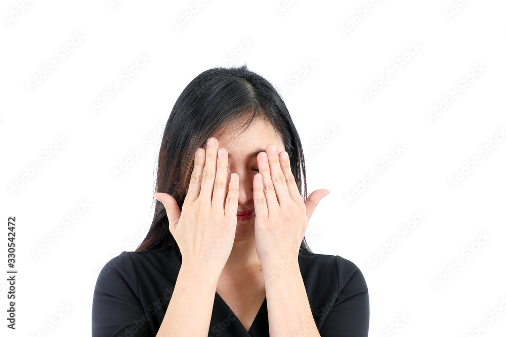 Facial Expression Young Asian woman office attire white background hand on eye don’t see Facial Expression Young Asian woman office attire white background hand on eye don’t see