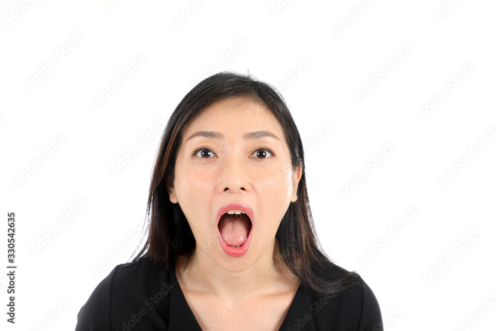 Facial Expression Young Asian woman office attire white background mouth open Facial Expression Young Asian woman office attire white background mouth open